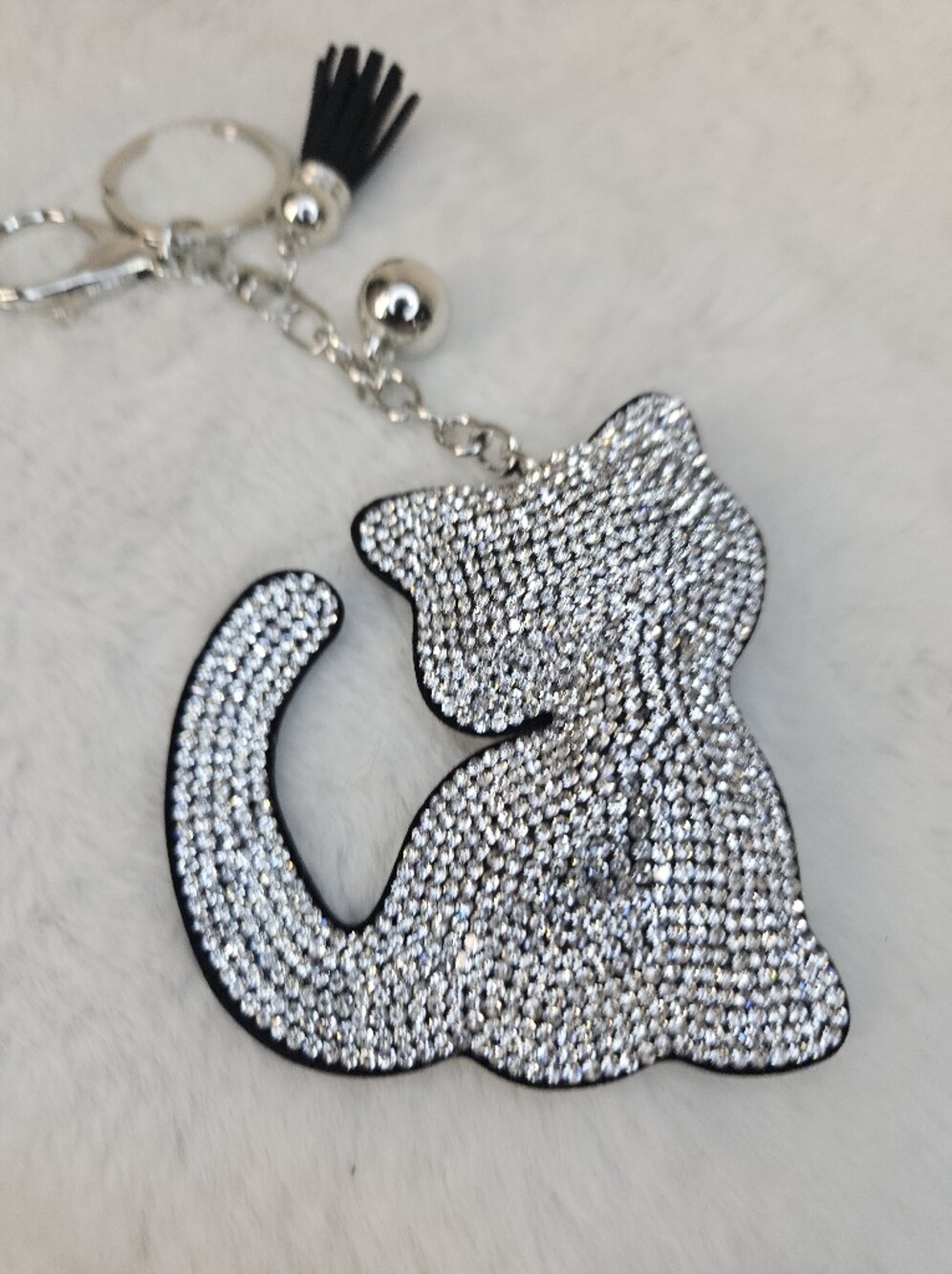 Cat Rhinestone Keychain Charm - Silver Sparkle - Picture 2 of 5